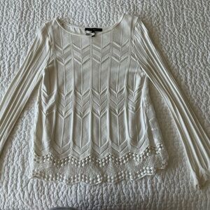 White House Black Market Ivory Crochet-Hem Long Sleeve Knit Top